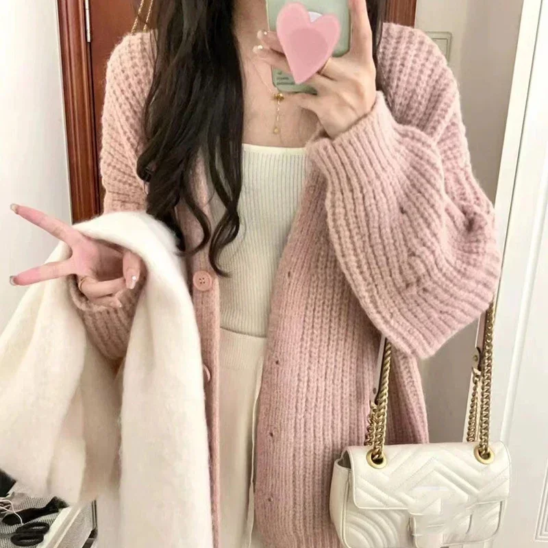 Rimocy Sweet Pink Knitted Cardigan Sweater Women Korean Long Sleeve V Neck Cardogans Woman Wild Button Up Jumper Coat Female