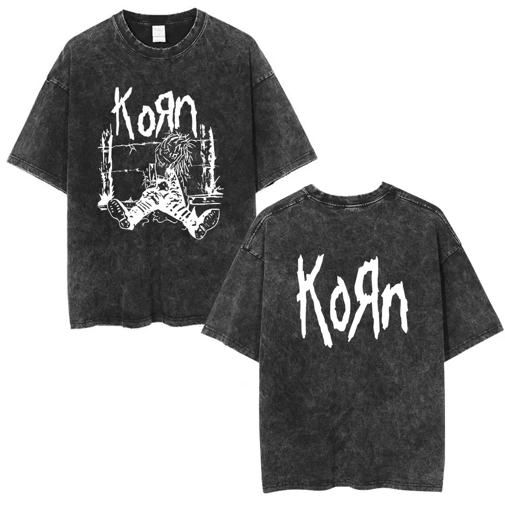 Korn Follow The Leader 20Th Anniversary Washed T Shirt Metal Gothic Rock Band T Shirts Men Vintage Oversized T-shirt Streetwear