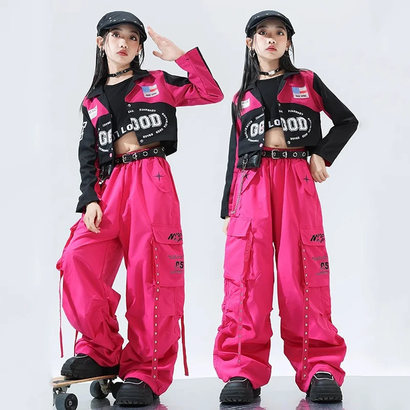 

New Girls Jazz Dance Costume Hip Hop Performance Clothes Long Sleeves Coat Cargo Pants Street Dance Clothing Kpop Outfit BL14100
