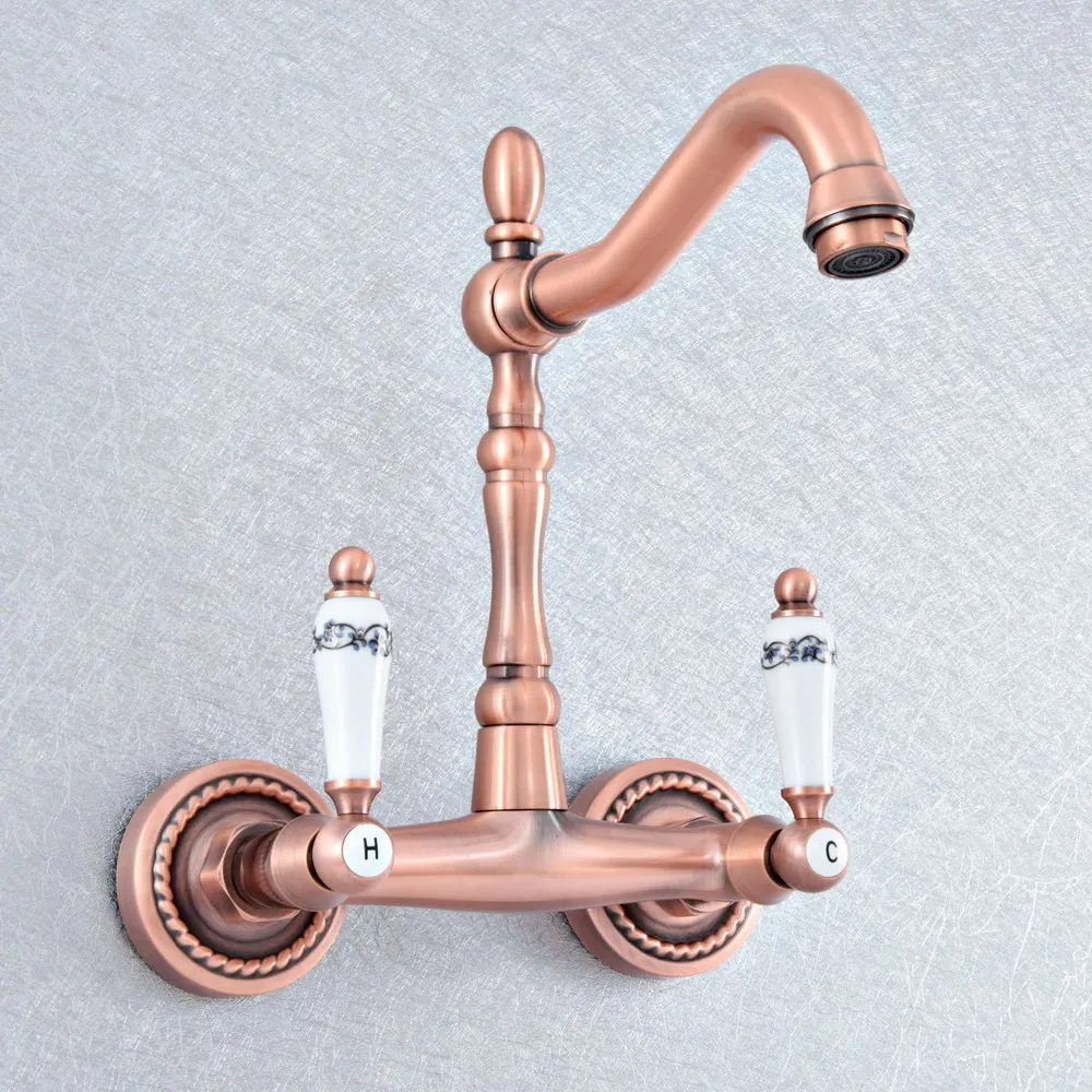 

Antique Red Copper Brass Wall Mounted Kitchen Wet Bar Bathroom Vessel Basin Sink Hot Cold Mixer Tap Swivel Spout Faucet msf874