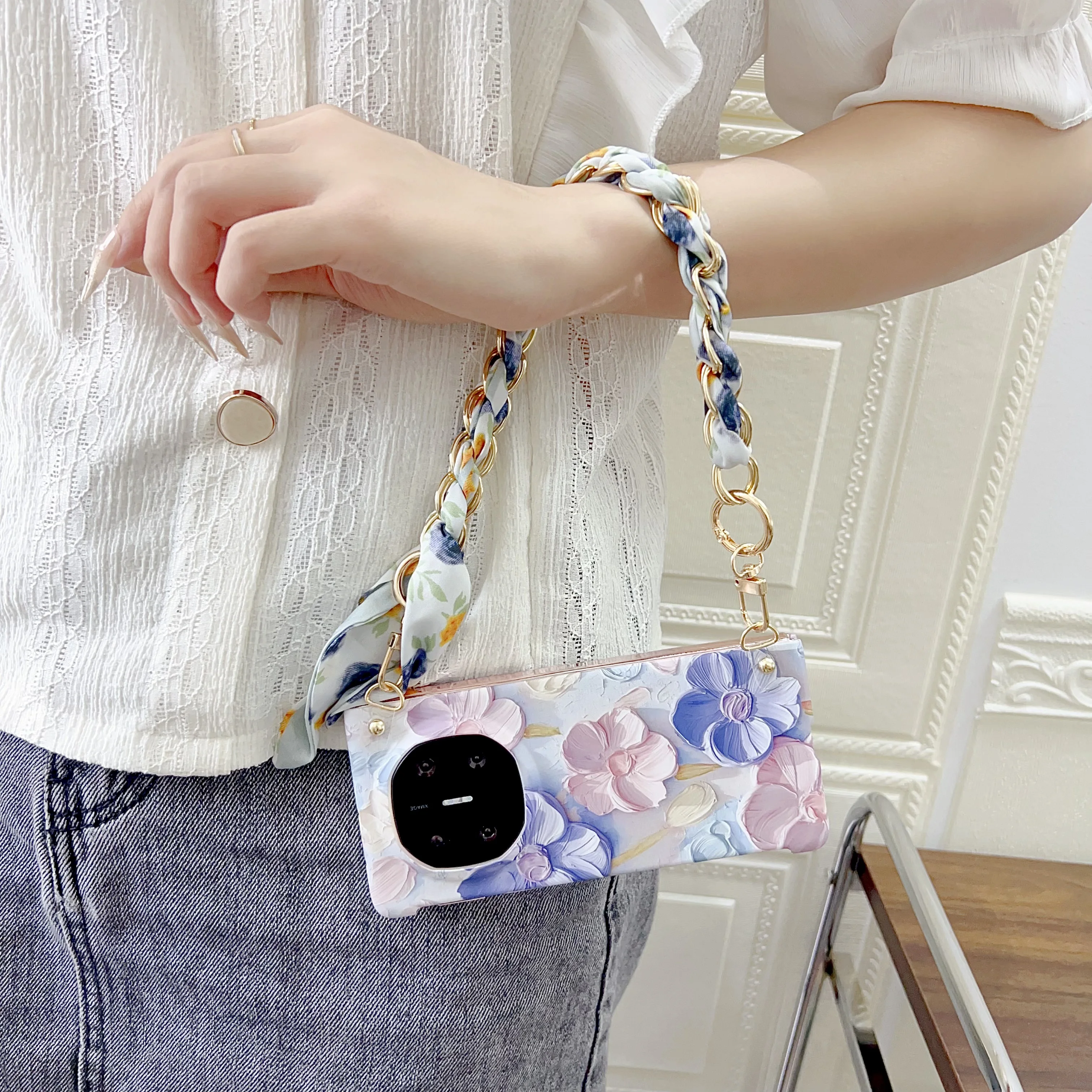 Case For Huawei Mate X6 X5 X3 Fresh flowers Painted Embossed feel Wrist Strap Shockproof Hard PC Cover Capa Shell view 3