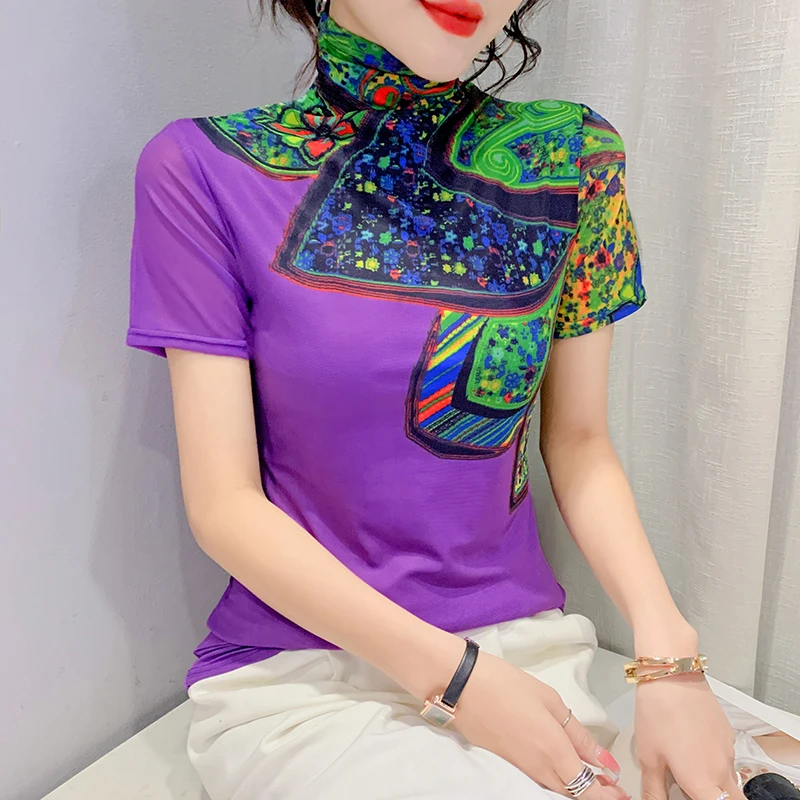 2022 Spring Print Tees Women Turtleneck Soft Short Sleeve T Shirts Lady Mesh Elegant Stretchy Tops Tees Female T-Shirt