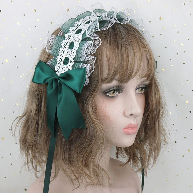 Lolita Ruffled Headband Sweet Star Embroidery Lace Ribbon Bow Hairband with Hairpins Anime Maid Cosplay Headdress