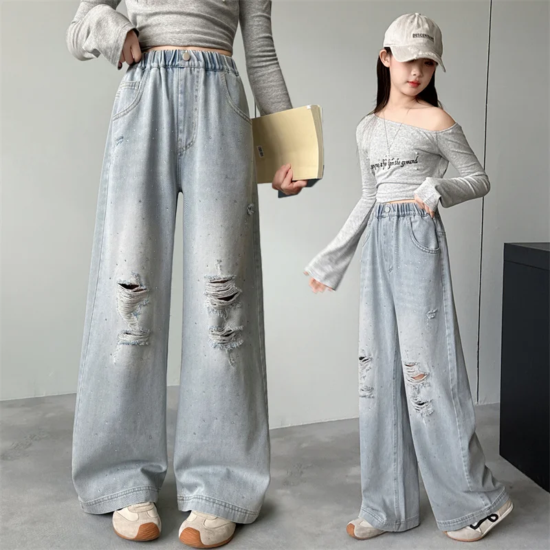 

Teenage Girls Jeans With Hole Rhinestone Design Casual Fashion Kids Wide Leg Jeans Pants School Children Denim Trousers 8 10 12Y