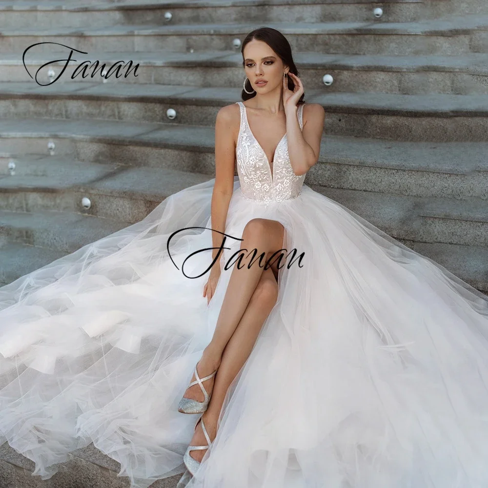 Abito da sposa senza maniche con spalline glitterate scollo a v davanti spacco alto Tulle Appliques di pizzo abito da sposa robe de soirée