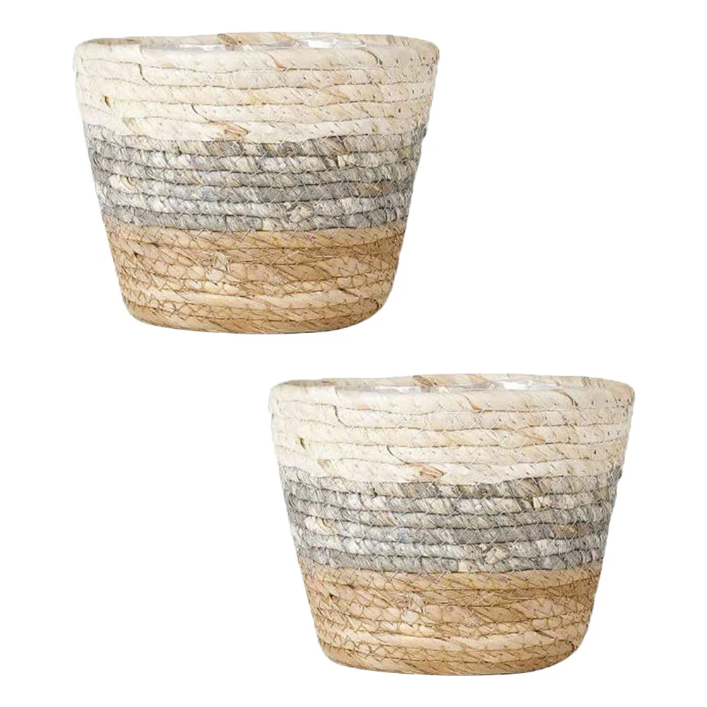 

2 Pcs Plant Basket Flower Rectangular Straw Baskets Desktop Decors Pots Indoor Girl