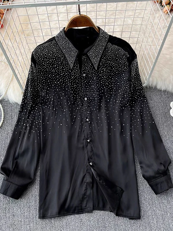 

Trendy k Series Silk Cotton Diamond Design Women's irt Spring 2026 New Sle Loose Fit Long Sve Color Button up