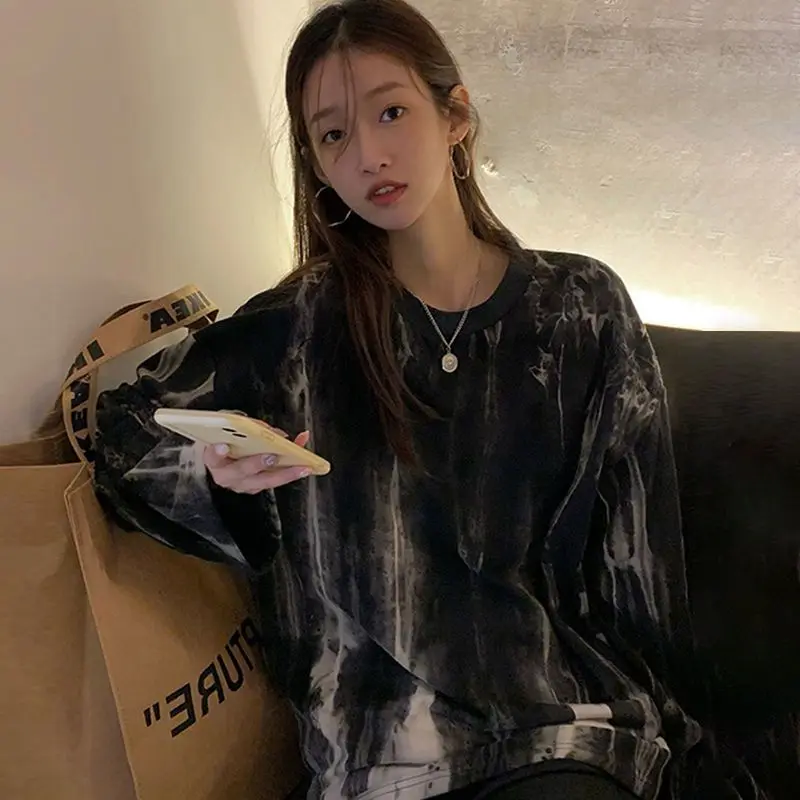 Fall Tie Dye Print Women O Neck Long Sleeve T Shirts Korean Fashion Highstreet Harajuku 2xl Oversized Clothing Tops Black Unisex