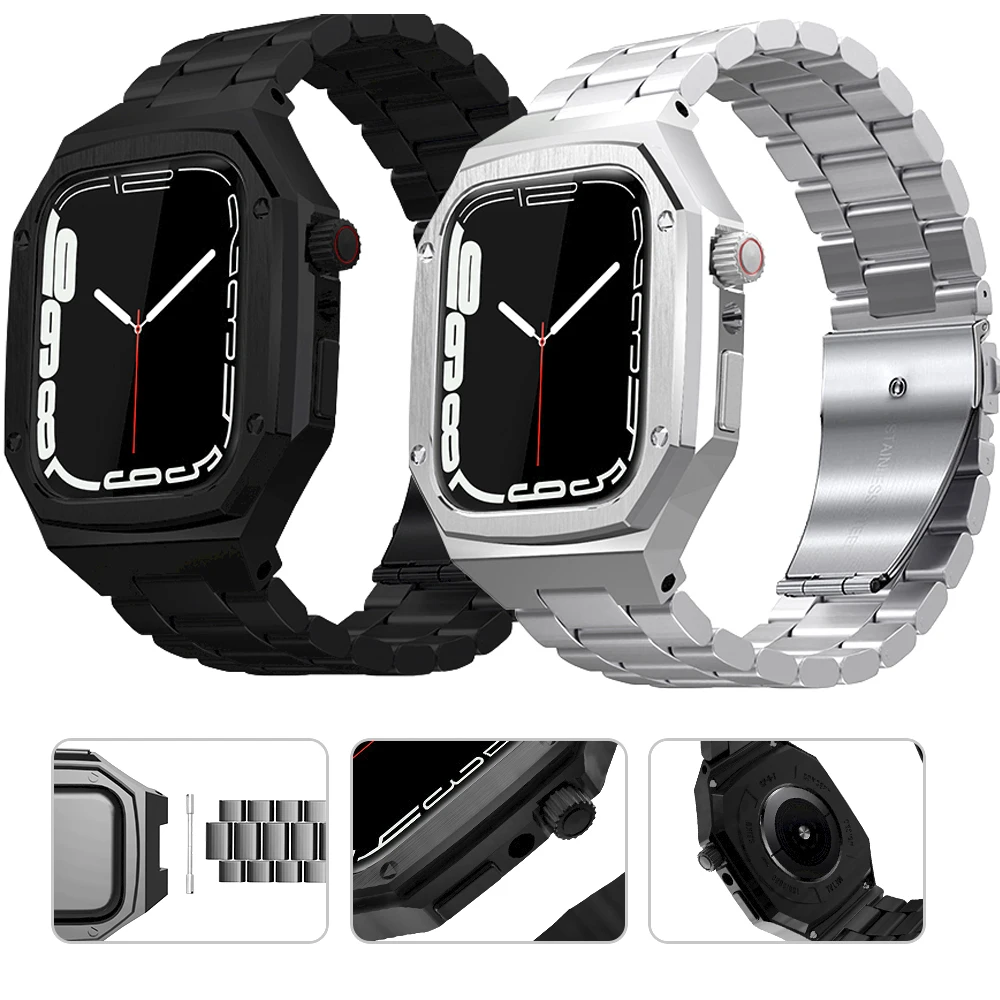 45mm 44mm Modification Kit For Apple Watch Band Stainless Steel Strap+Metal Case for iWatch Series 8 7 6 5 4 SE Luxury Businese