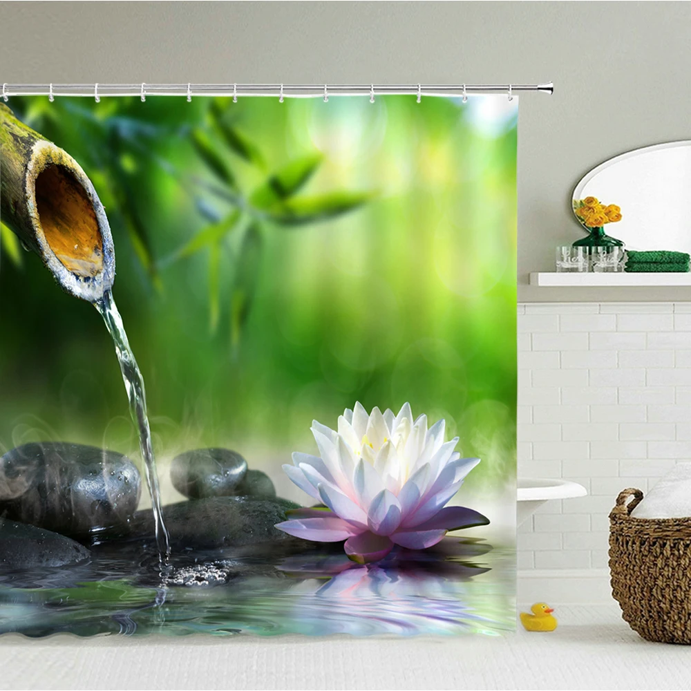 Zen Stone Meditation Shower Curtain Green Bamboo Orchid Spa Relaxing Theme Waterproof Polyester Fabric For Bathroom Bathtub