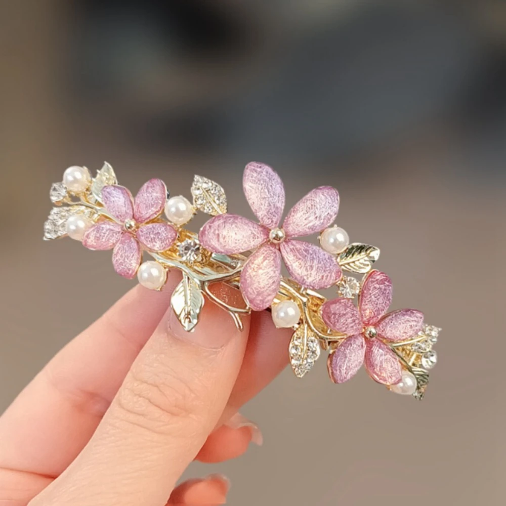 Elegant Pink Glass Flower Pearl Hair Clip