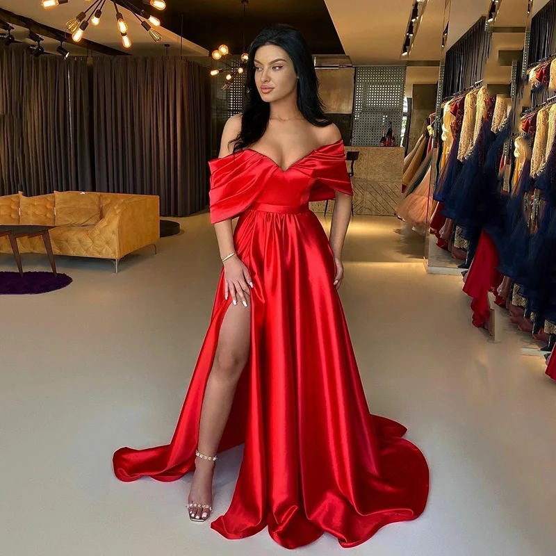 Simple Red Satin Long Evening Dresses 2022 Side Slit Off The Shoulder Pleats Women Prom Gowns Formal Party Dress