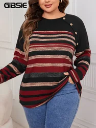 GIBSIE Plus Size Striped Button Detail Casual T Shirt Women Autumn New Fashion Long Sleeve Loose O-Neck Female Tops Tees