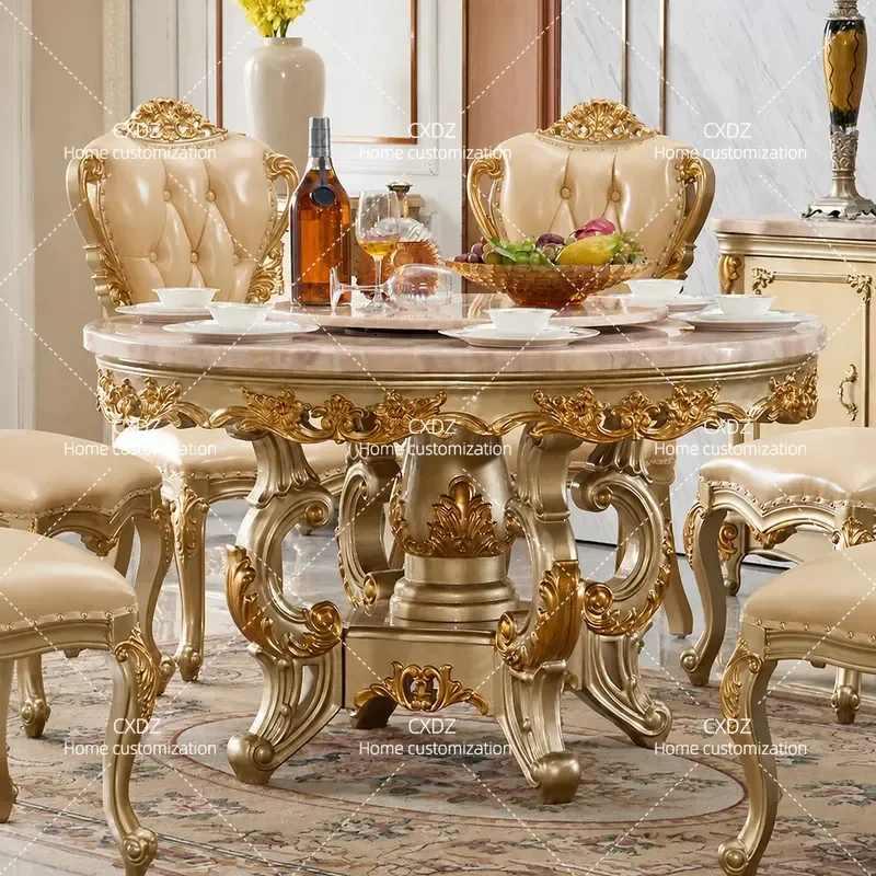 European style round solid wood marble dining table and chair combination dining table round dining table household villa