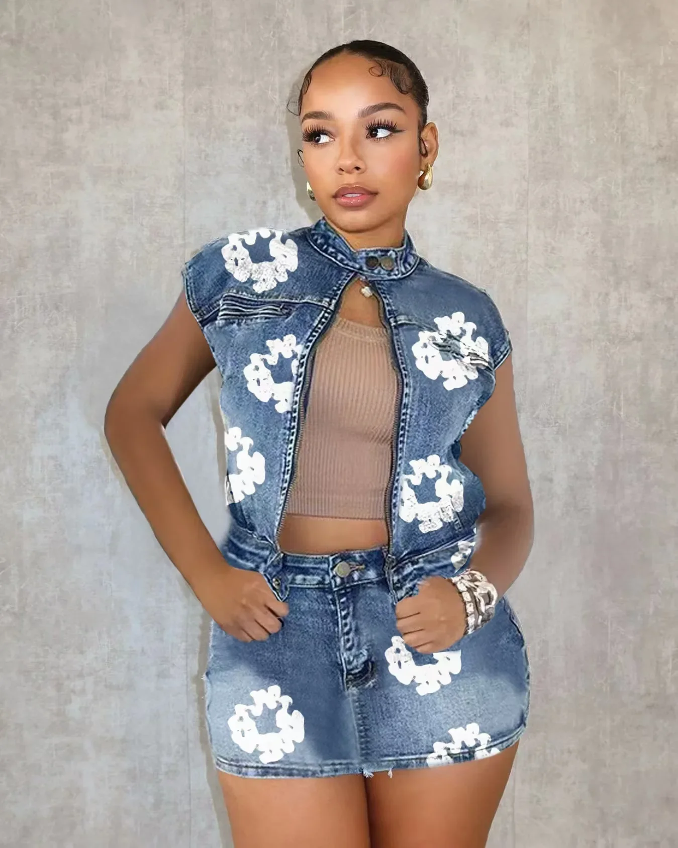 

2024 Fashion Floral Print Two Peice Set for Women Matching Sets Sleeveless Zipper Denim Top and Bodycon Mini Skirt Streetwear