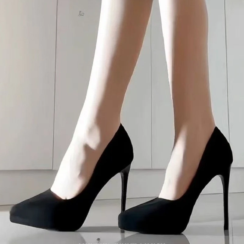 

2026 New Fashion Women's Shoes Sexy Black High Heels Sharp Pointed Suede Pumps Elegant Shallow Mouth Etiquette Shoes