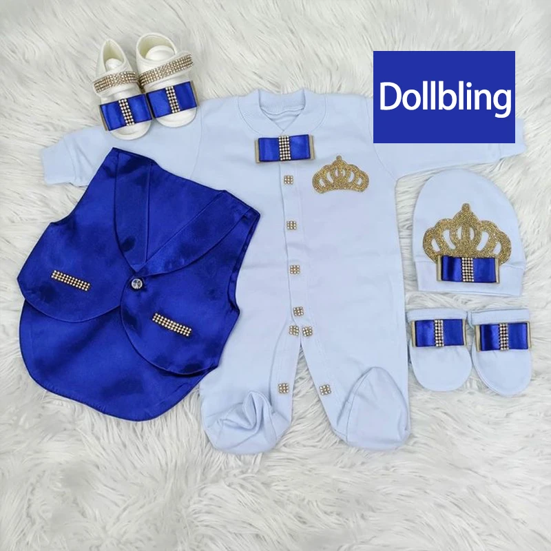 Dollbling Turkey Design 5 Pieces Crown Set Mint Wedding Outfit Baby Boy Onsie Tuxedo Set Little Gentleman Newborn Occasion Suit