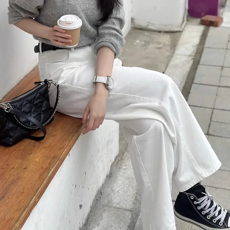 2000s White Jeans Women's Bermuda New  Loose Straight Tube Y2k Casual Denim Pants  Korean Fashion  Wide Leg Autumn Work Pants