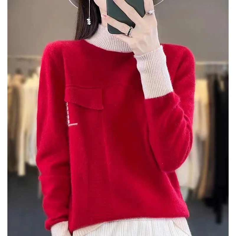 New Autumn and Winter Fashion Korean Edition Colored Half High Neck High End Loose Versatile Slim Long Sleeve Women\'s Sweater