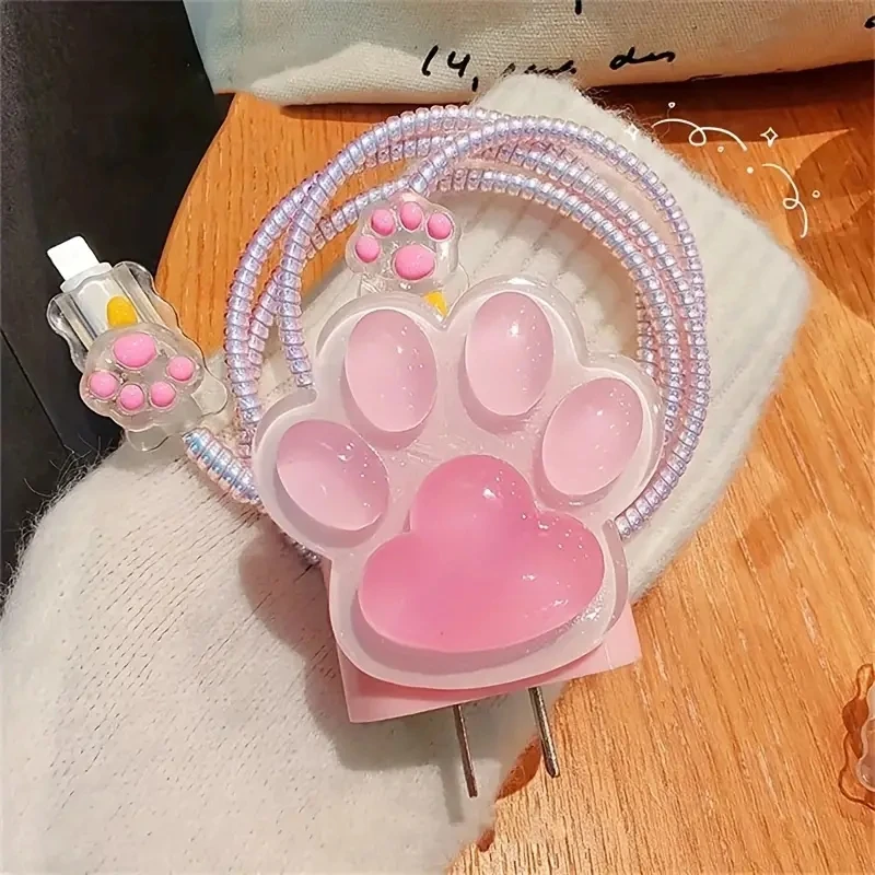 3D Cat Paw Charger Cable Protector Case For IPhone 15 14 13 12 18W 20W Charger Animal Cartoon Design Spiral Winder Protective