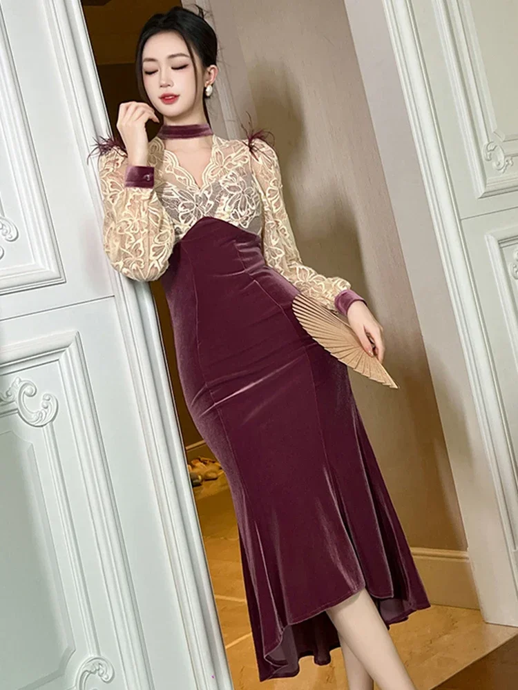 Elegante abito lungo da ballo per le donne Chic pizzo trasparente ricamo impiombato Hollow Fishtail Robe elastico da sera abiti da sera autunno