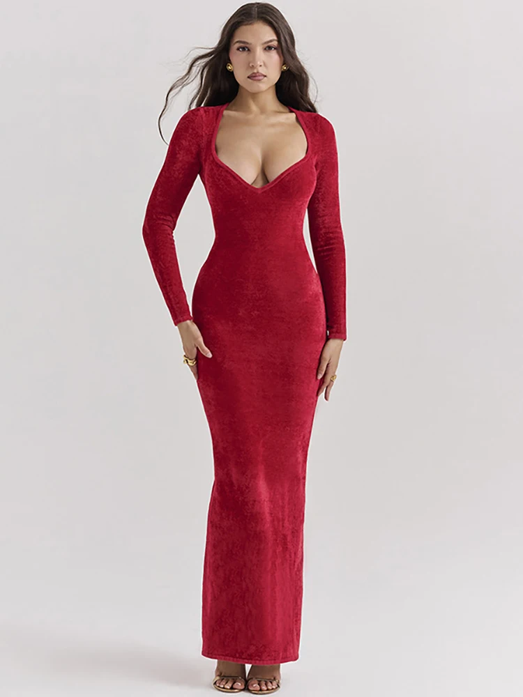 

JULISSA MO Sexy Deep V-neck Maxi Dress For Women Red Long Sleeve Side Slit Dress Female Winter Skinny Elegant Party Club Outfit