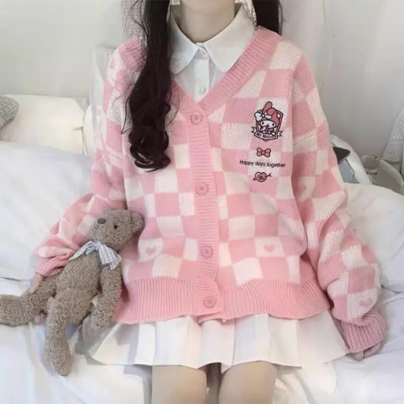 Hot Kawaii Sanrio Jk Uniform Hello Kitty Sweater Cinnamoroll Girls Sweet Plaid Cardigan Embroidered Long-Sleeved Casual Jacket