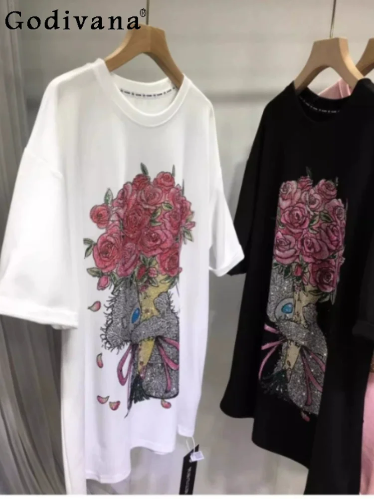 

Large Size European Fashion Heavy Industry Hot Diamond T-shirt Women Summer Versatile Loose Korean Round Neck Medium Long Tops