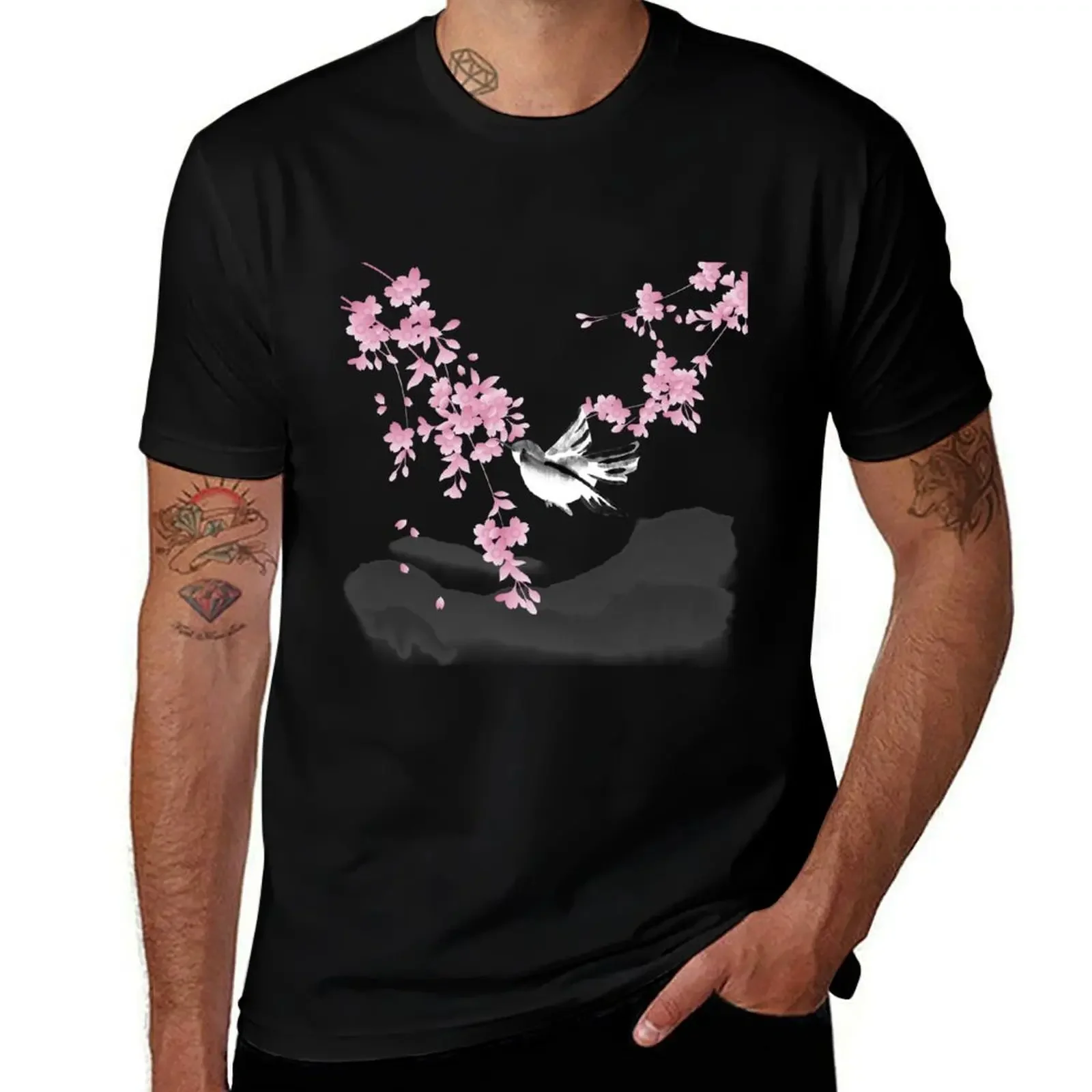 Japan traditional sumi-e painting. Bird and sakura. Mountain landscape T-Shirt tops graphics shirts graphic tee men