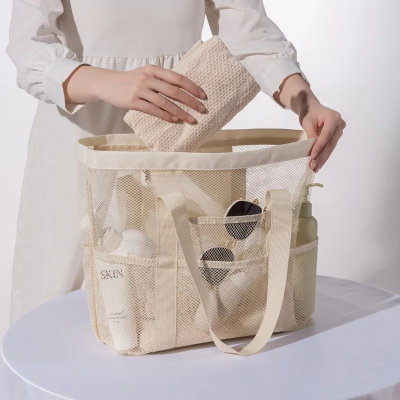 1pcs Black Lightweight Foldable Mesh Beach Bag Breathable See-through Design Travel Swim Toy Toiletry Storage Hand Tote Bag
