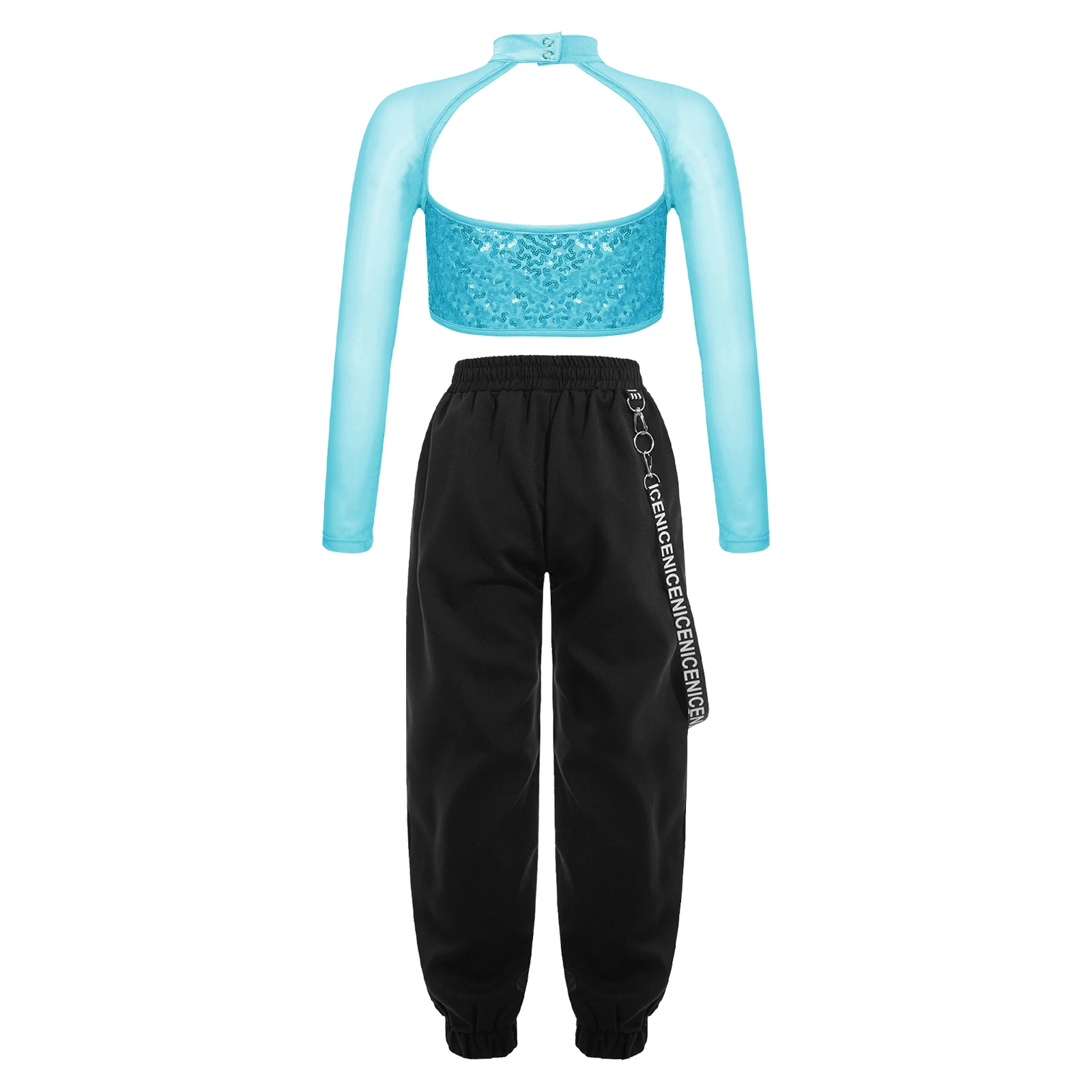 Children Girls Hip Hop Jazz Street Dance Costume Long Sleeve Shiny Sequin Cutout Crop Top with Chain Pants Performance Dancewear