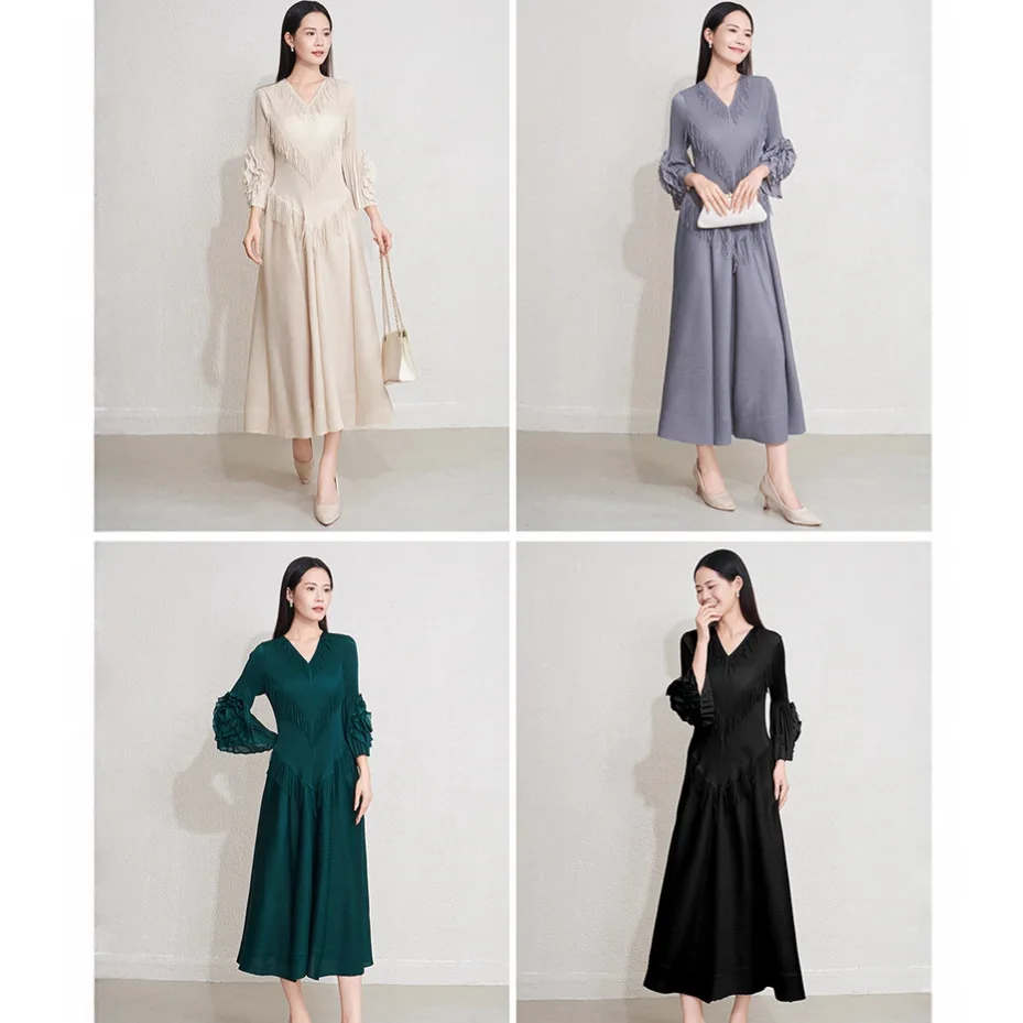 ミヤケプリーツ 2025年 春秋新作 ファッション エレガント ディスクフラワー タッセル スプライシング 無地 プレスプリーツドレス プリーツ