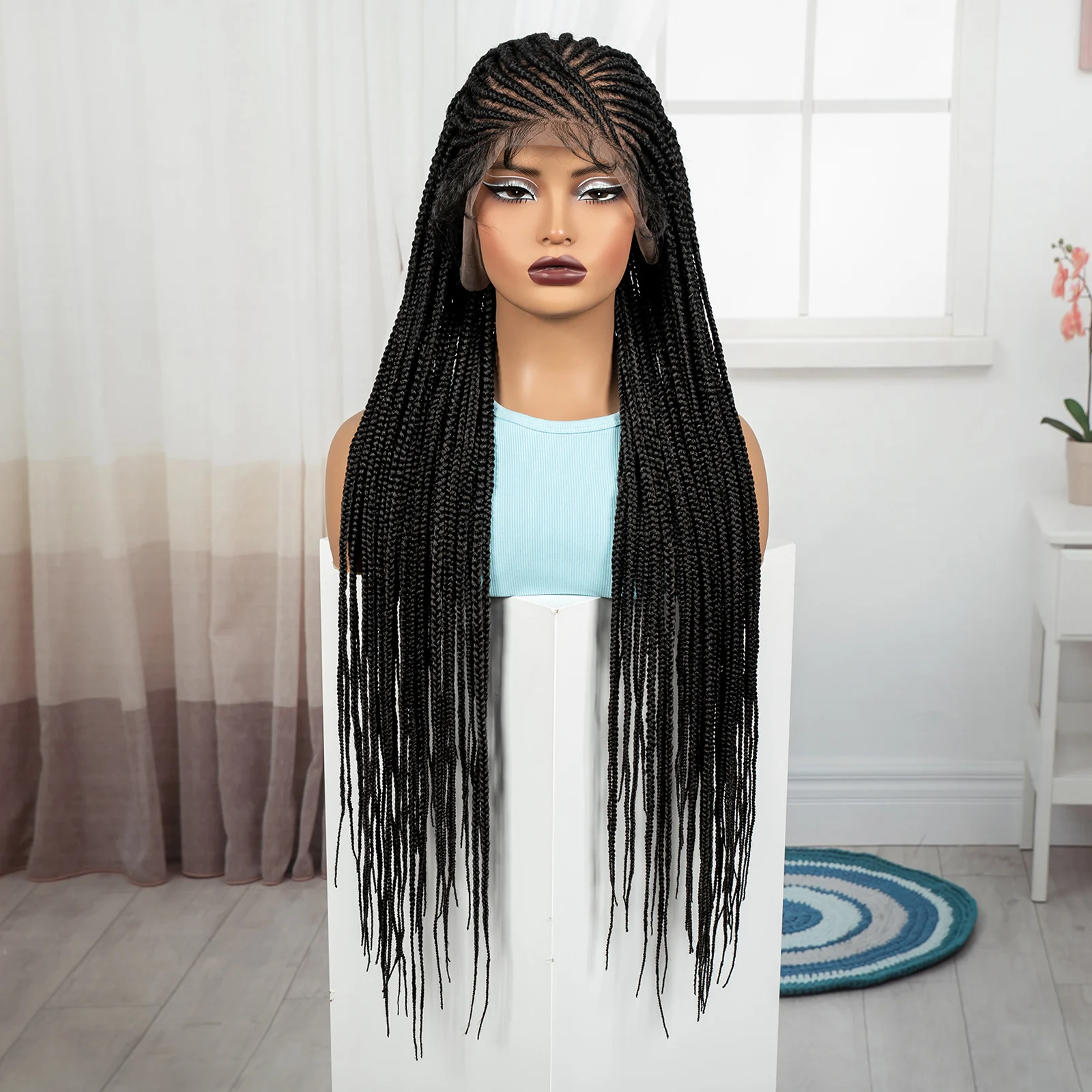 Wig Kepang Cornrow 34 Inci, Wig Renda Sintetis Alami dengan Rambut Bayi, Wig Kepang Tanpa Simpul untuk Wanita Kulit Hitam