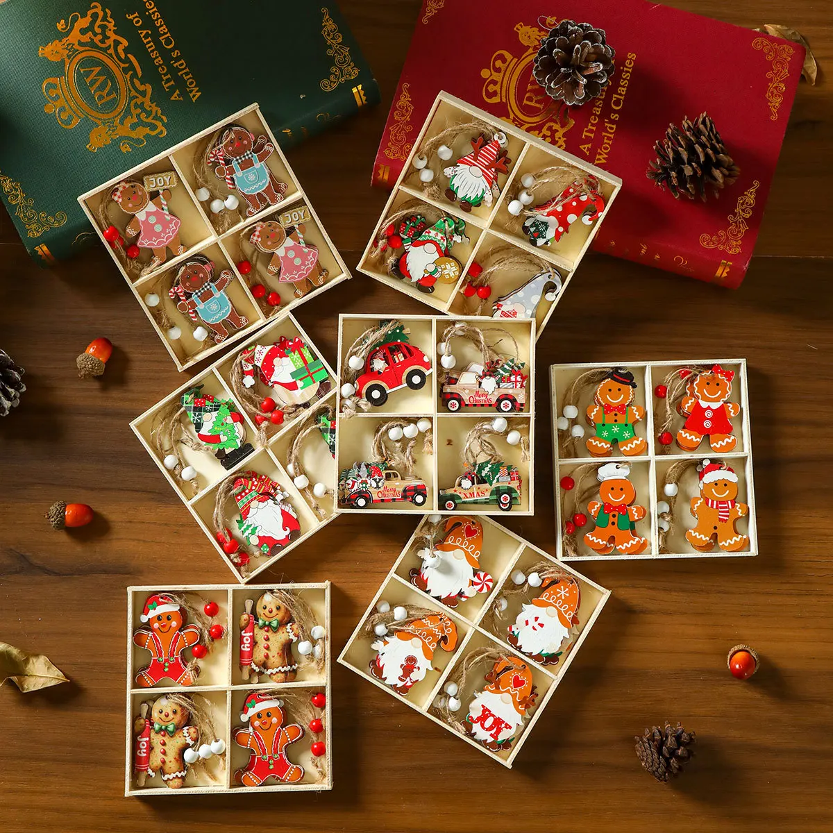 

12 Pcs Christmas Theme Pendant Wooden Gingerbread Man Faceless Old Man Car Pendant DIY Christmas Tree Decoration Supplies