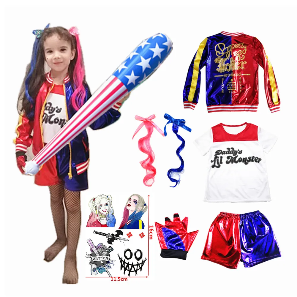 Bambini ragazze Harley costumi Cosplay Quinn Monster Jacket pantaloni t-shirt set vestiti da festa