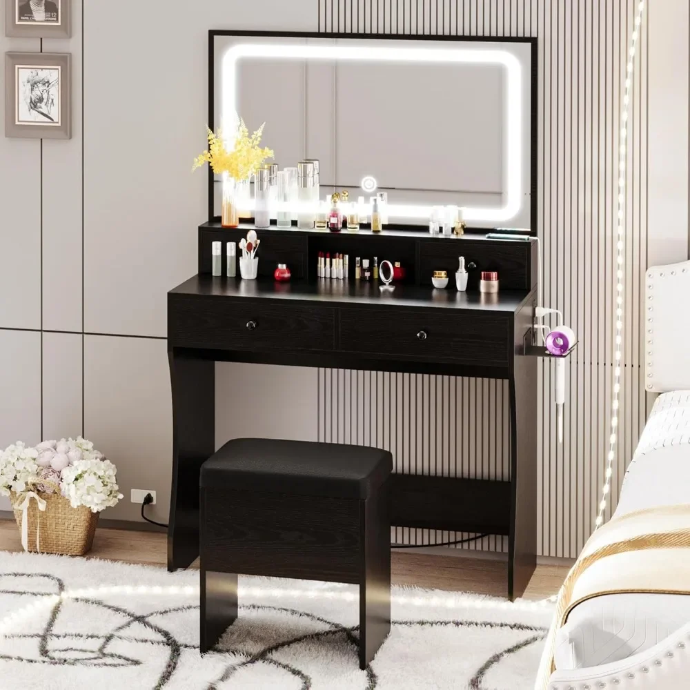 Vanity Desk with LED Lighted Mirror & Power Outlet & 4 Drawers, Dressing Makeup Table Set with Storage Stool