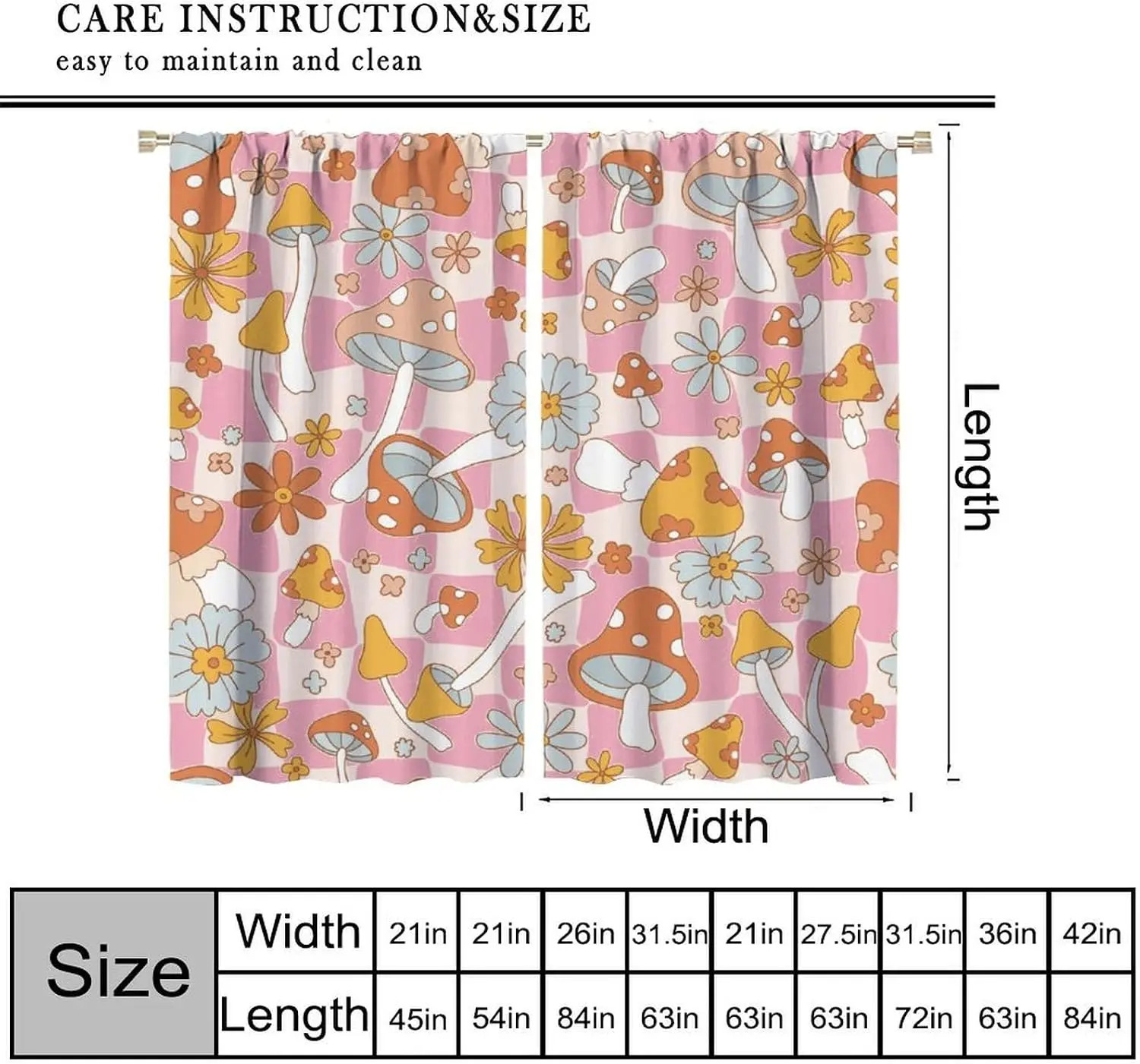 Retro Cute Mushroom Curtain Pink Grid Background Colorful Daisy Cartoon Pattern Light Blocking Drape For Villa Dorm Resort