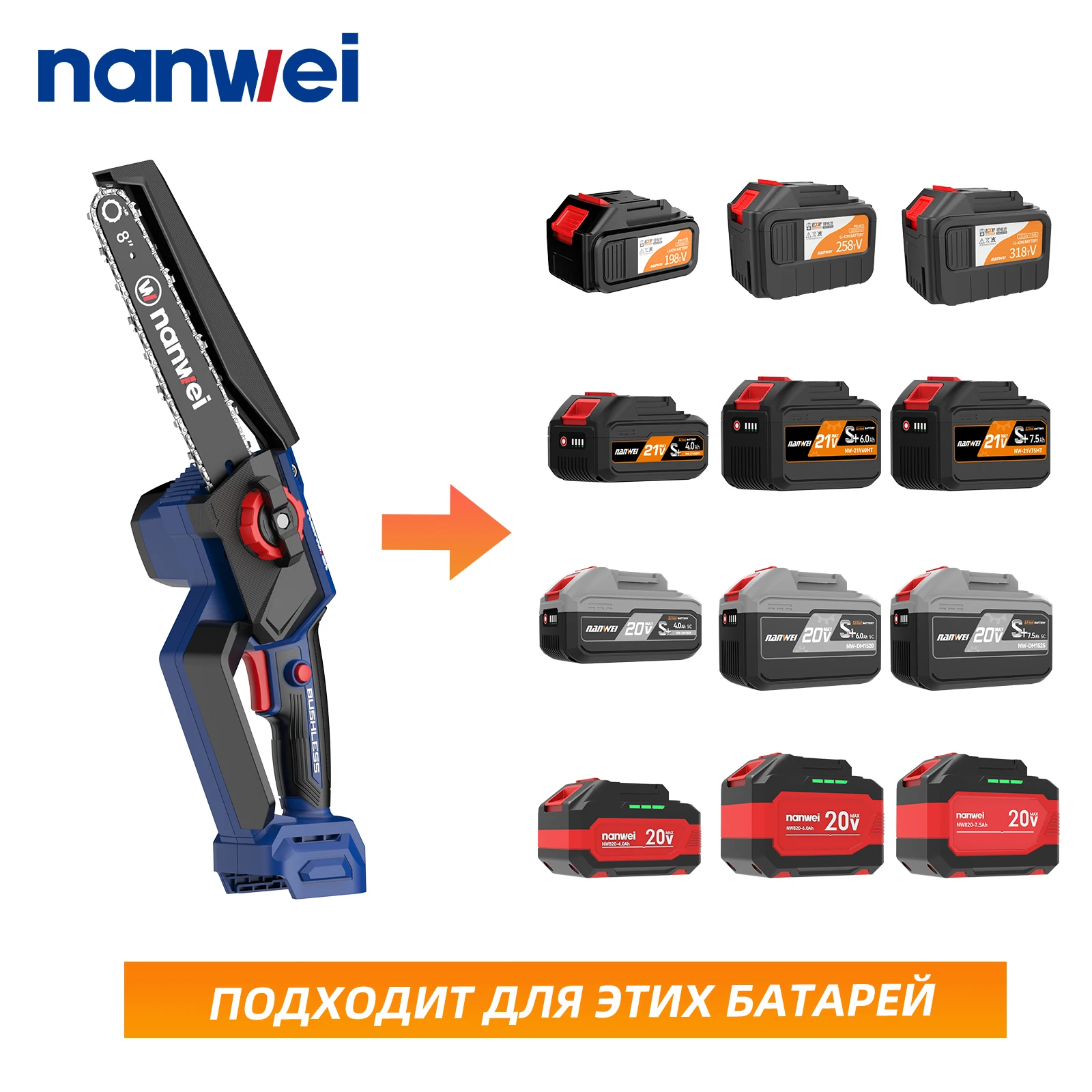 NANWEI 8 Inch Brushless chain saw Cordless Mini Handheld Pruning Saw Portable Woodworking Electric Saw Cutting Tool