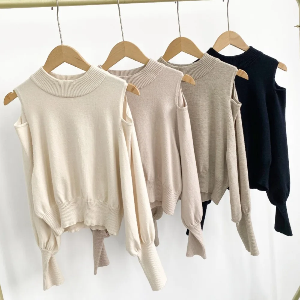 

Однотонный свободный вязаный пуловер с открытыми плечами и круглым вырезом, японский литературный свежий милый вязаный пуловер, повседневный повседневный пуловер меньшинств, Ropa Mujer