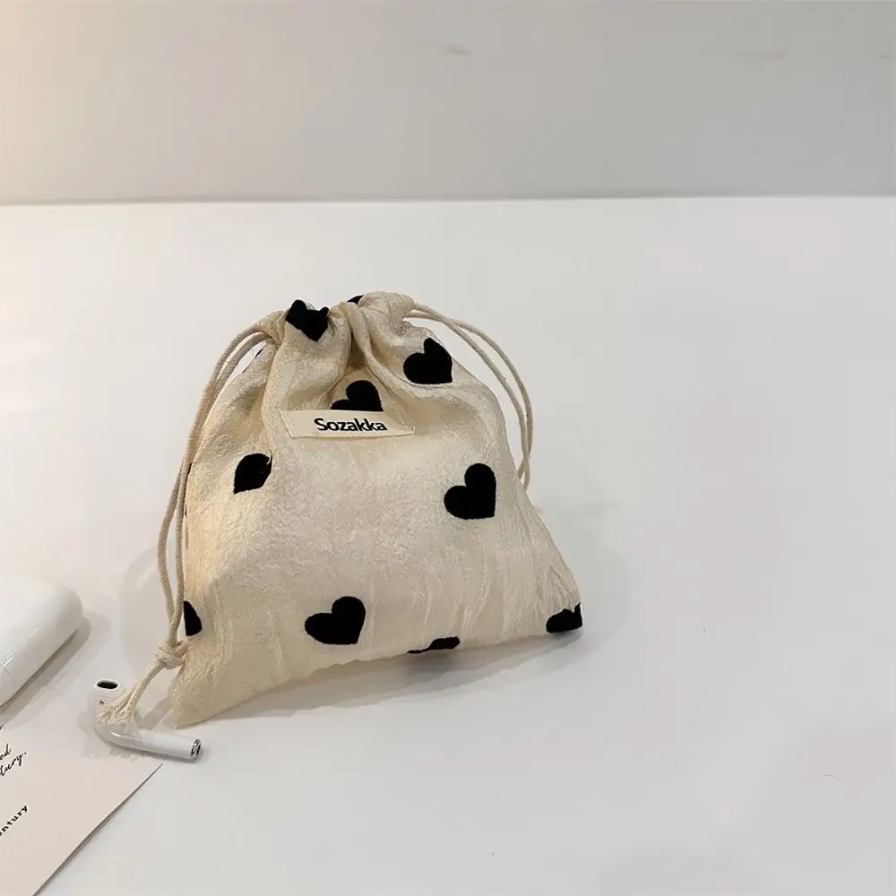 Polyester Love Drawstring Bag Pastoral Literary Style Coin Purse Pull Rope Pouch Champagne Jewelry Storage Bag