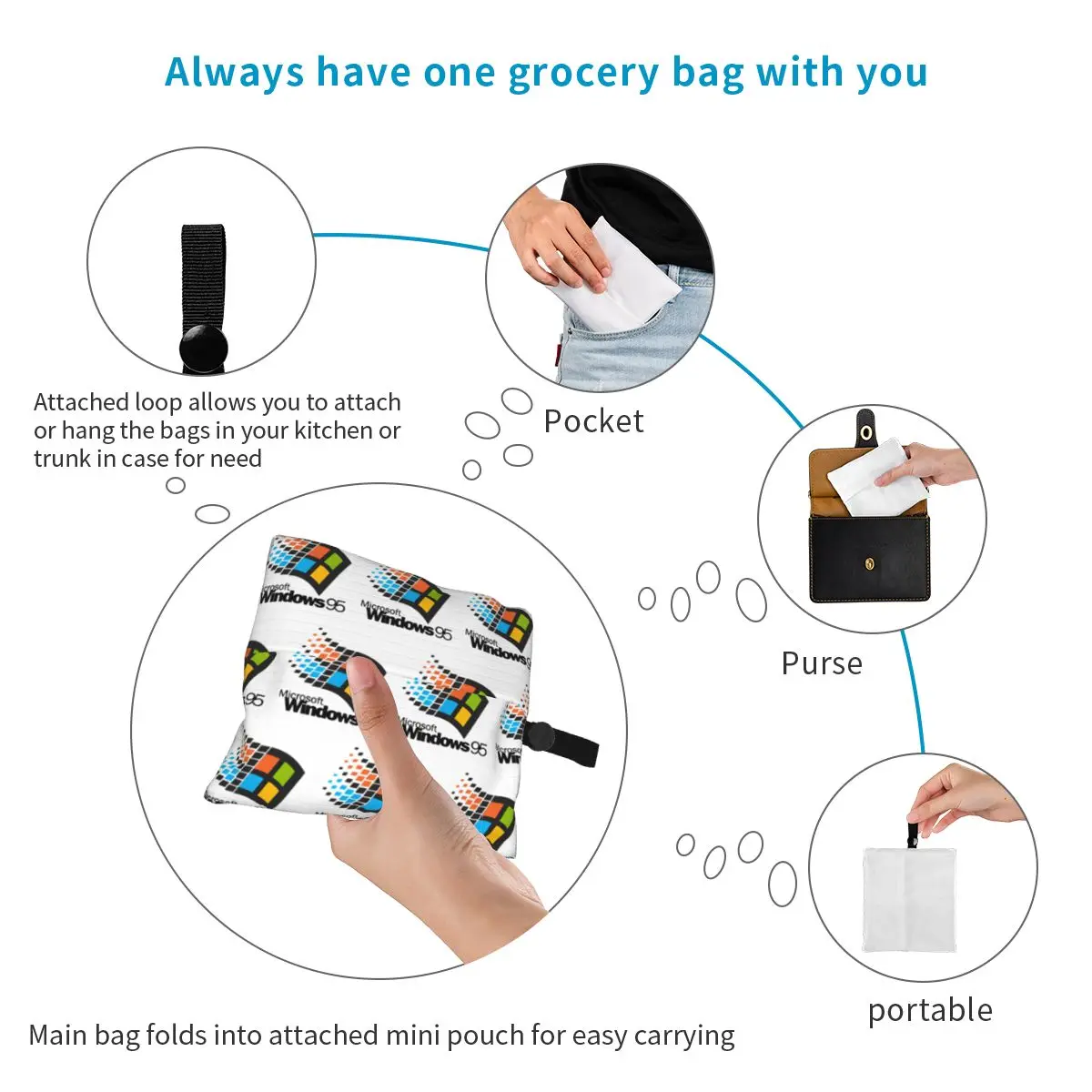 حقائب تسوق صغيرة محمولة تعمل بنظام Windows 95، حقيبة تسوق قابلة للطي، حقيبة يد للبقالة، حقيبة كتف