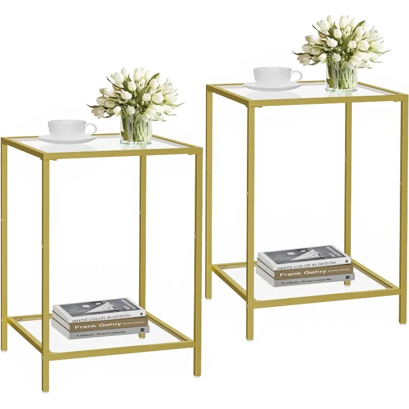 

Tables Set of 2, End Table with Tempered Glass, 2-Tier Nightstands with Storage Shelves, Coffee Table with Modern Style, Sq