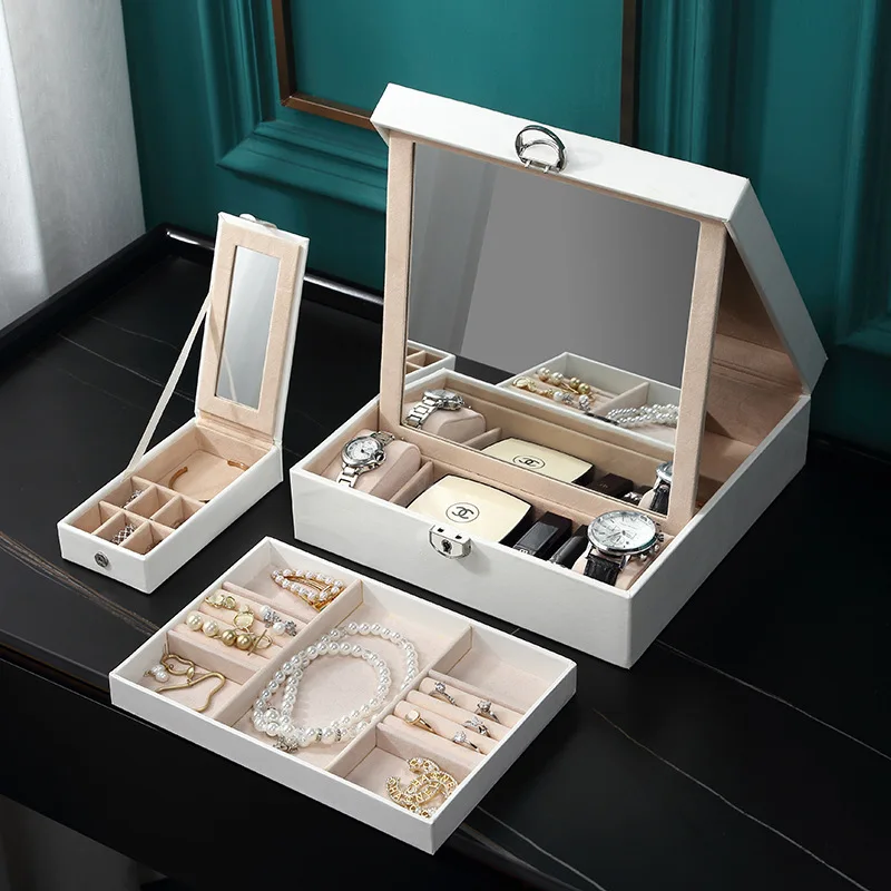 

Simple large capacity jewelry storage box PU with large mirror can be separated makeup case with portable small jewelry box