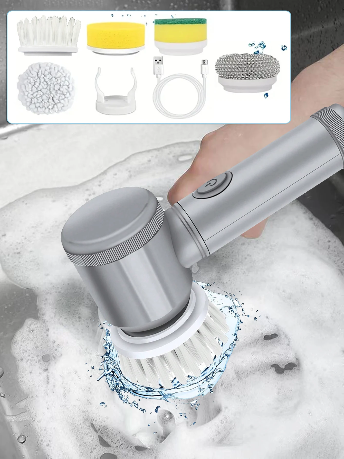 1 Set Electric Spin Scrubber With 5 Replaceable Brush Head Power Cordless Kitchen Scrubber HandheldRechargeable Shower Scrubber