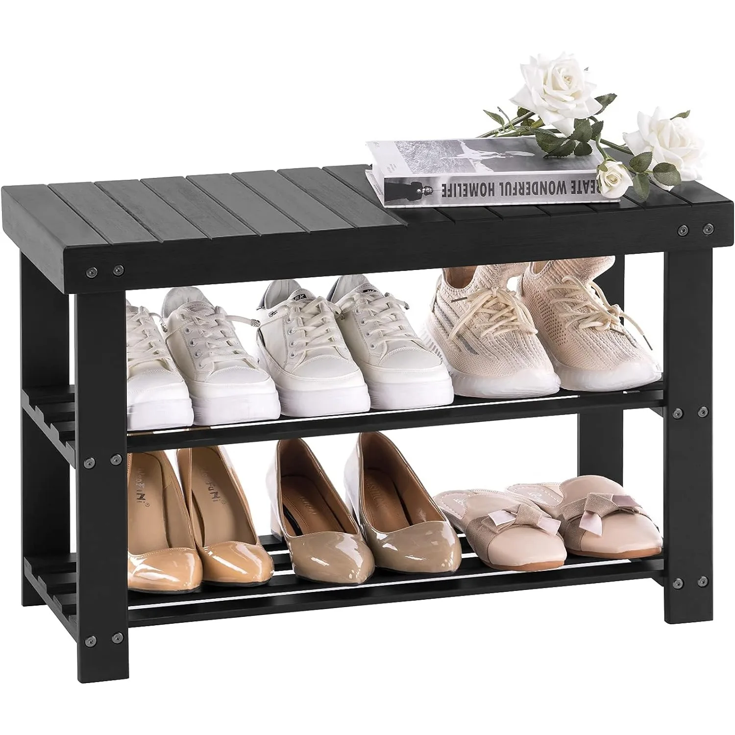 

Bamboo Shoe Rack for Entryway 3-Tier Shoe Rack Bench for Front Door Entrance Small Shoe Organizer with Storage