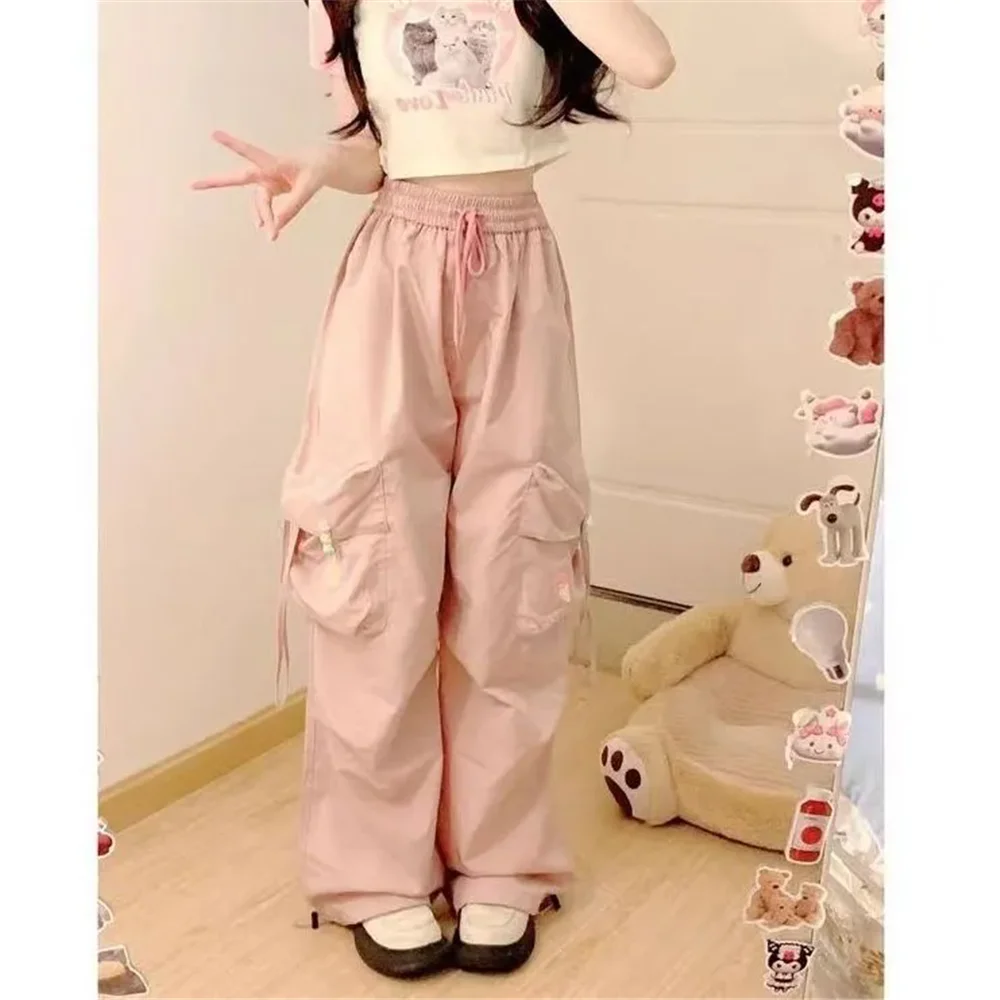 Blue Sweet Embroidered Casual Trousers Women Japanese Versatile Trend Summer High Waist Loose Multi Pocket Wide Leg Cargo Pants