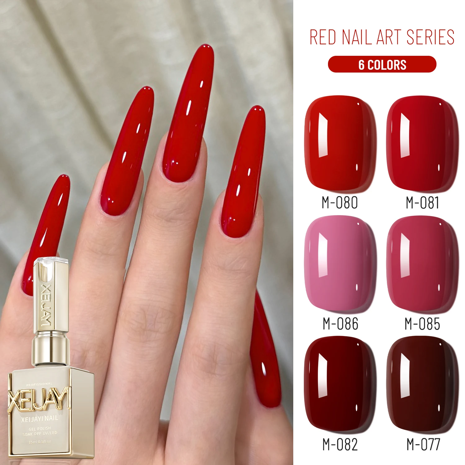 XEIJAYI 6pcs Red Series Gel Nail Polish Set UV LED Soaking Nail
