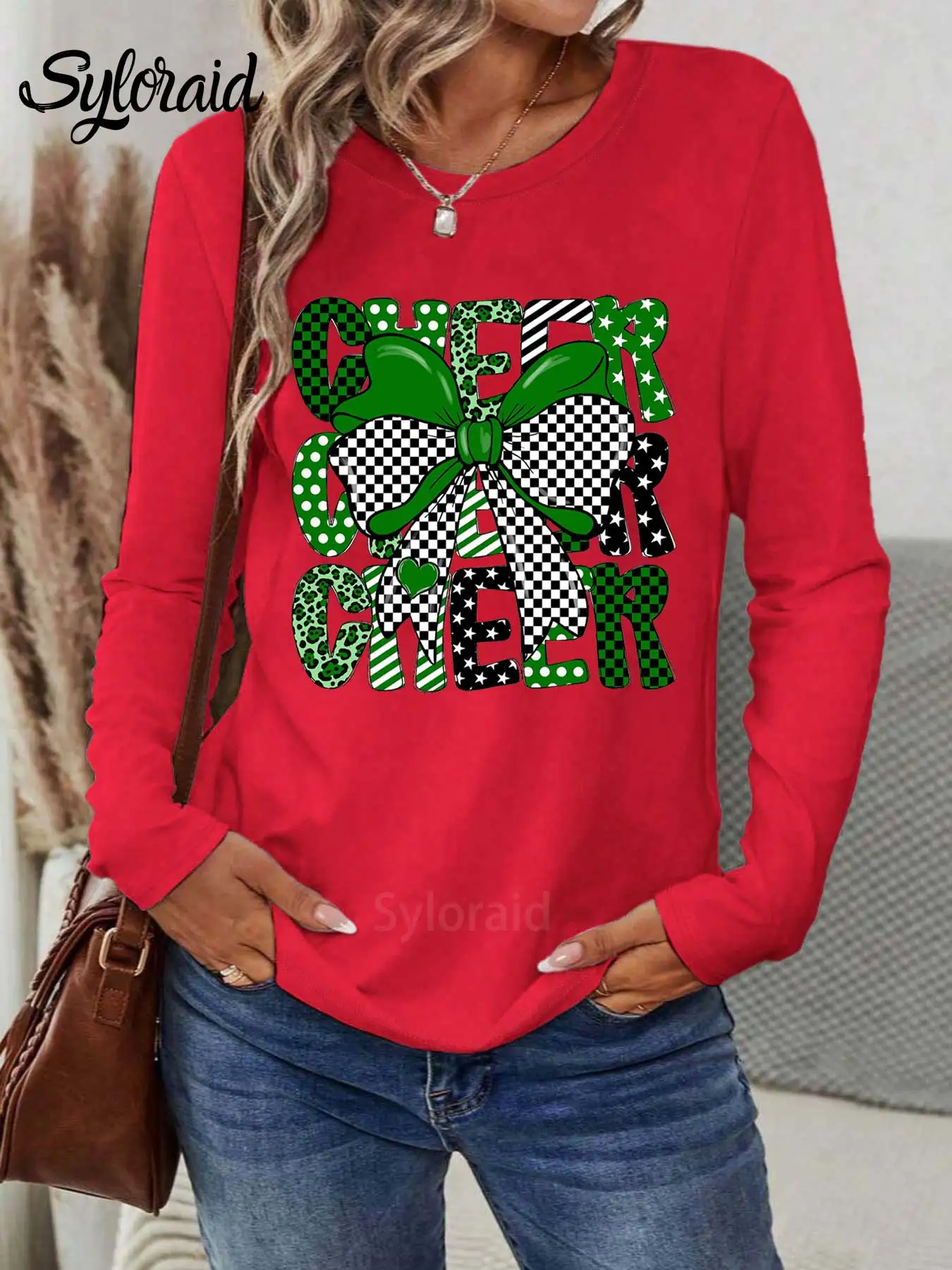 تي شيرت نسائي طويل الأكمام بفيونكة خضراء لكرة القدم يهتف جرافيك تي شيرت لعبة يوم قميص موضة رقبة مستديرة كاجوال #3