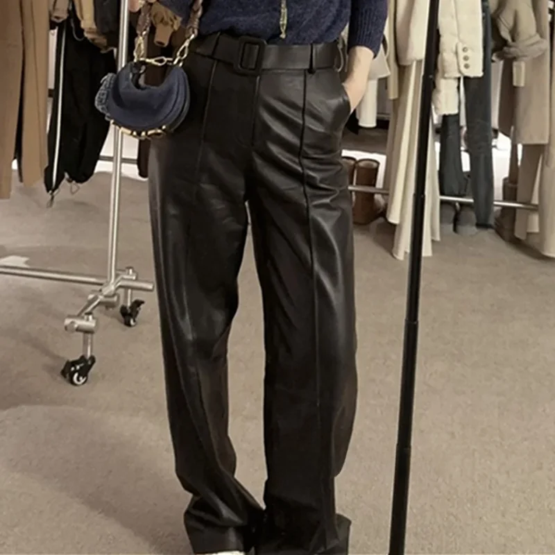 

Daitong Genuine Leather Pants High Waist Loose eepskin Nine-Tenths Wide Leg Casual Long Trousers Trendy Autumn 2024