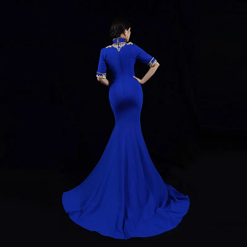 Bai Sha Elegant Dress Royal Blue T Show Embroidery High Neck Evening Gown For Formal Occasion H541